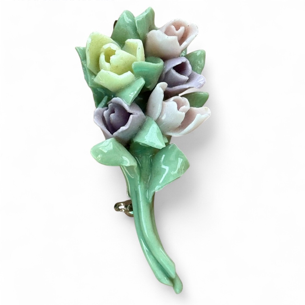Vintage Porcelain Colorful Pastel Floral Bouquet Brooch